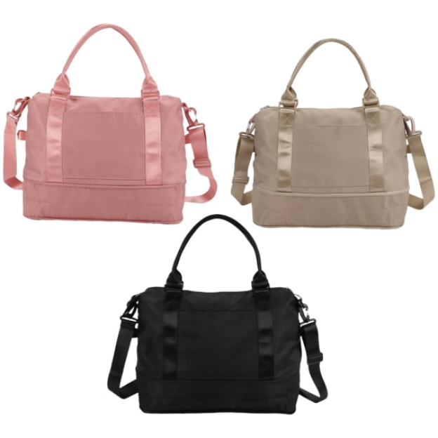 Three cabin bags in pink, beige, and black.