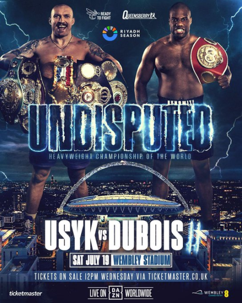 Illustration of Usyk vs Dubois heavyweight championship boxing match poster.