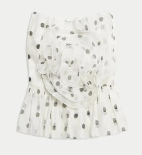 Polka dot top with ruffled detail.