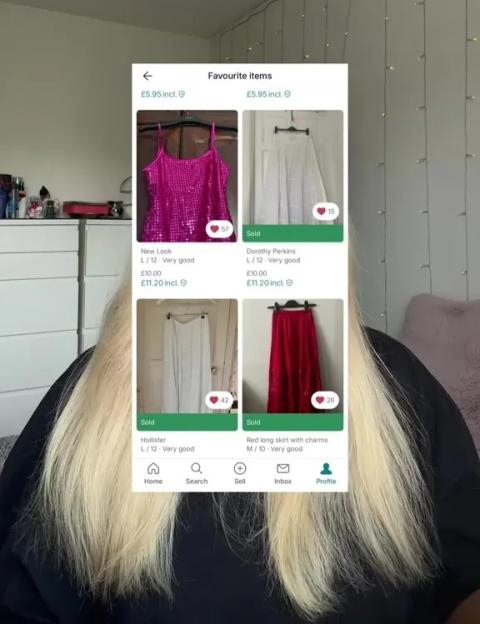 Screenshot of Vinted app showing four sold items: a pink top, white maxi skirt, white maxi skirt, and red maxi skirt.