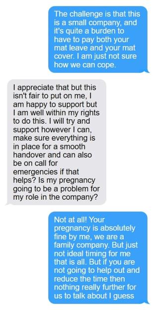 Text messages showing a conversation between an employee and their boss regarding maternity leave.