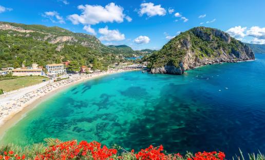 Aerial view of Palaiokastritsa beach in Corfu.