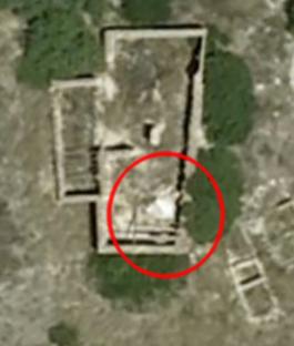 Aerial view of a barn.