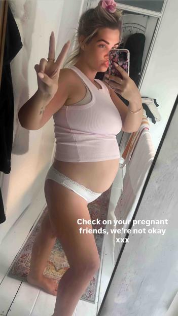 Pregnant woman taking a selfie, text overlay reads, 