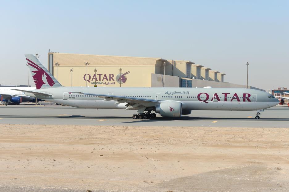 Qatar Airways Boeing 777 at Doha Airport.