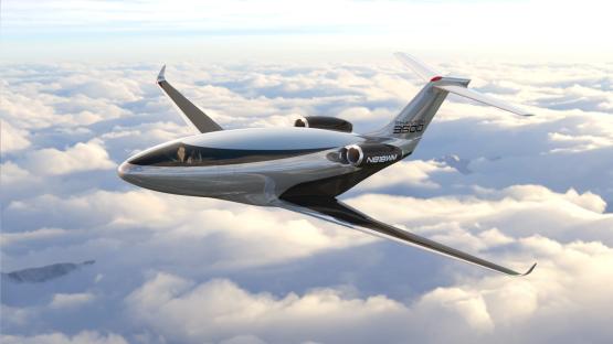 Illustration of Otto Aviation's Phantom 3500 jet flying above the clouds.