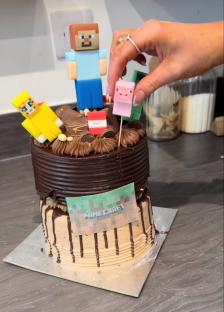 Homemade Minecraft-themed birthday cake.