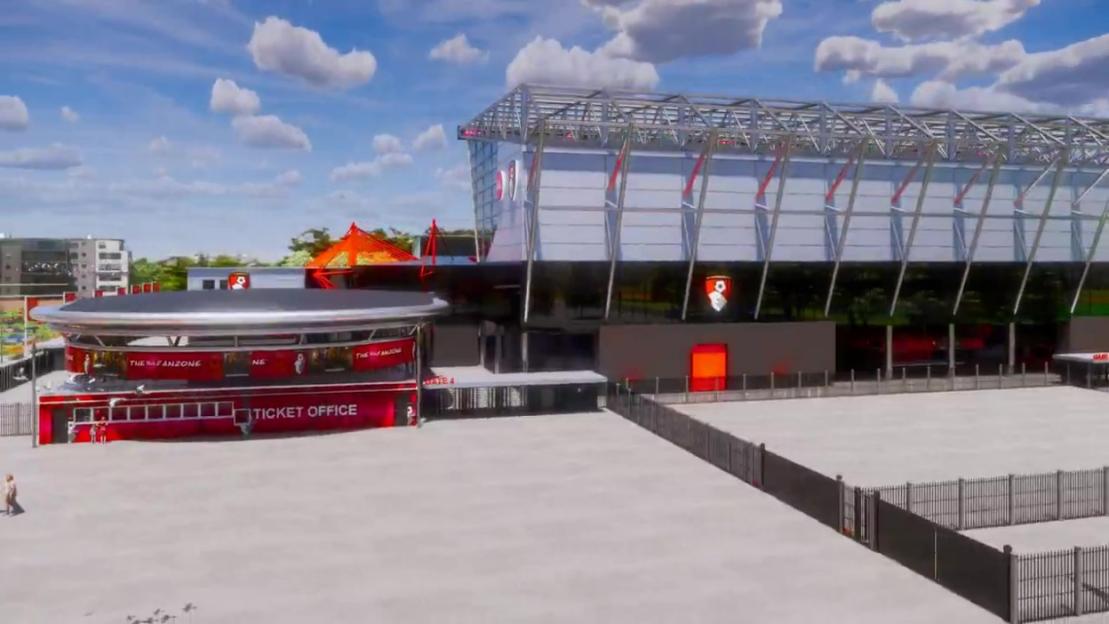 AFC Bournemouth new stadium revamp artist impression video, Twitter , https://x.com/afcbournemouth