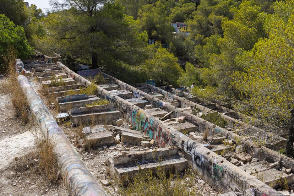 Graffiti-covered ruins of the Festival Club in Ibiza.