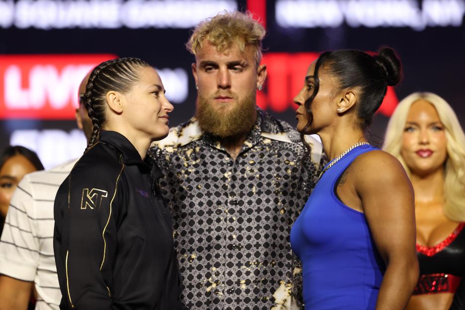 Katie Taylor and Amanda Serrano face off at a press conference.
