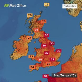 Map of UK showing maximum temperatures (°C) for Saturday.