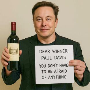Elon Musk holding a bottle of wine and a sign that says 