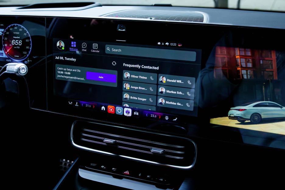 Mercedes-Benz car infotainment screen showing Microsoft Teams integration.