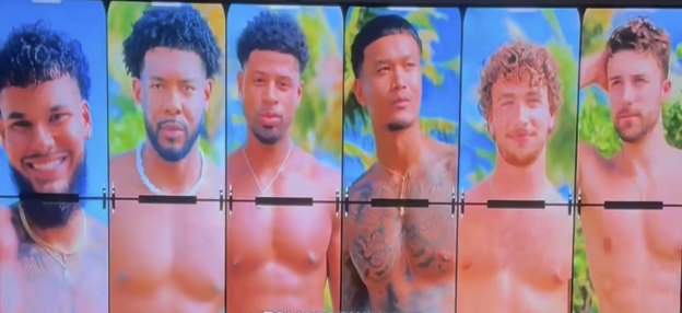Six shirtless men from Love Island USA's Casa Amor.