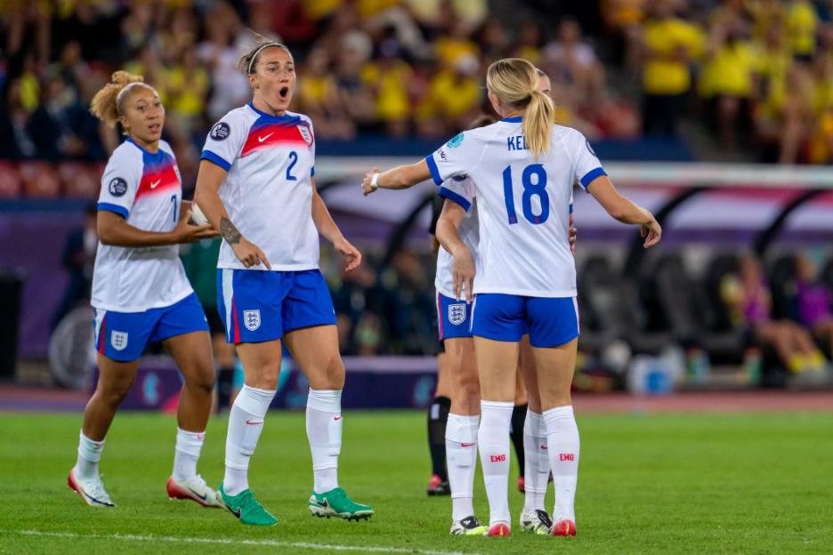 ZURICH, SWITZERLAND - JULY 17: Lauren James, Lucy Bronze, Alessia Russo and Chloe Kelly of England (L-R) celebrate after the team's second goal during the UEFA Womens EURO 2025 Quarter-Final match between Sweden and England at Stadion Letzigrund on July 17, 2025 in Zurich, Switzerland. (Photo by Noemi Llamas/Sports Press Photo/Getty Images)