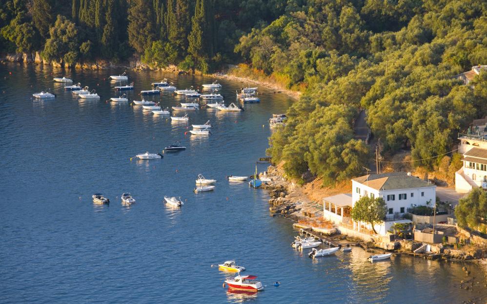 Aerial view of boats in a bay near a white house and lush greenery.
