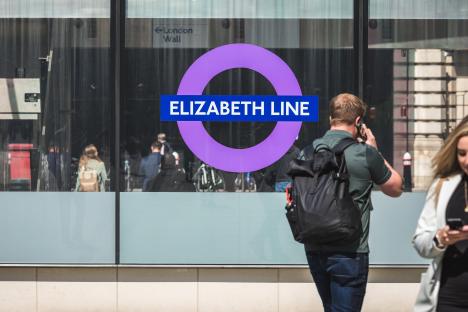 Elizabeth Line sign at Liverpool Street Station.