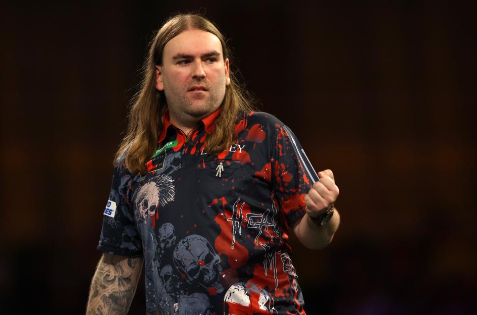 Ryan Searle of England celebrating at the World Darts Championship.