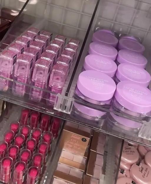 Makeup products on display in a store.