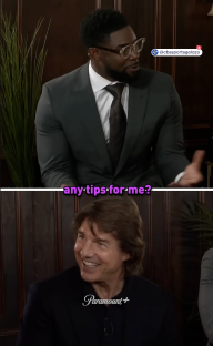 Screenshot of Tom Cruise and another man in suits, with text overlay