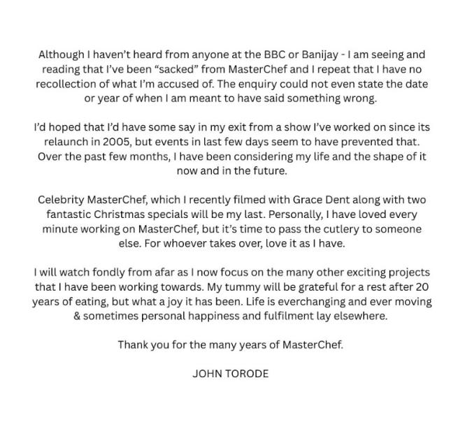 John Torode's statement regarding his departure from MasterChef.