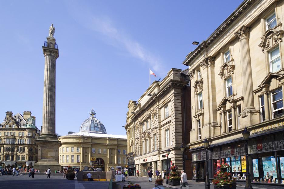 Grey's Monument and surrounding buildings in Newcastle upon Tyne.