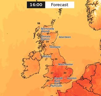 UK temperature forecast map showing highs in the 20s and 30s.