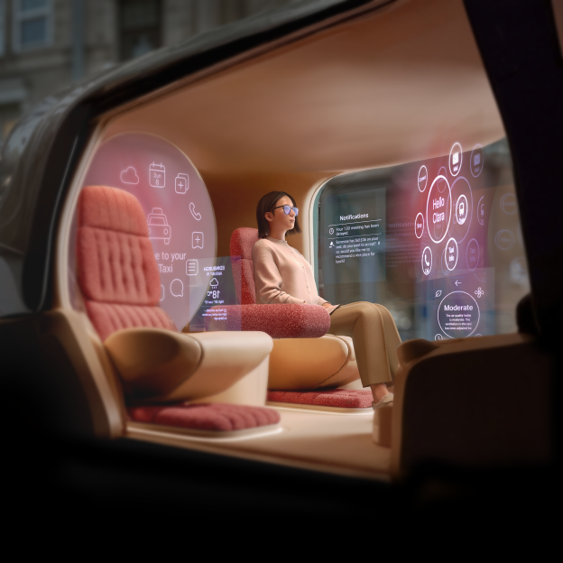 Illustration of a woman in a futuristic autonomous vehicle.