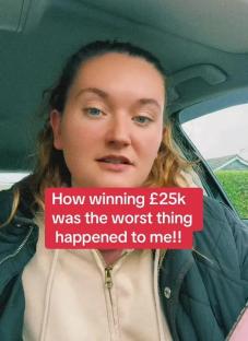 Woman in a car saying winning £25,000 was the worst thing that ever happened to her.