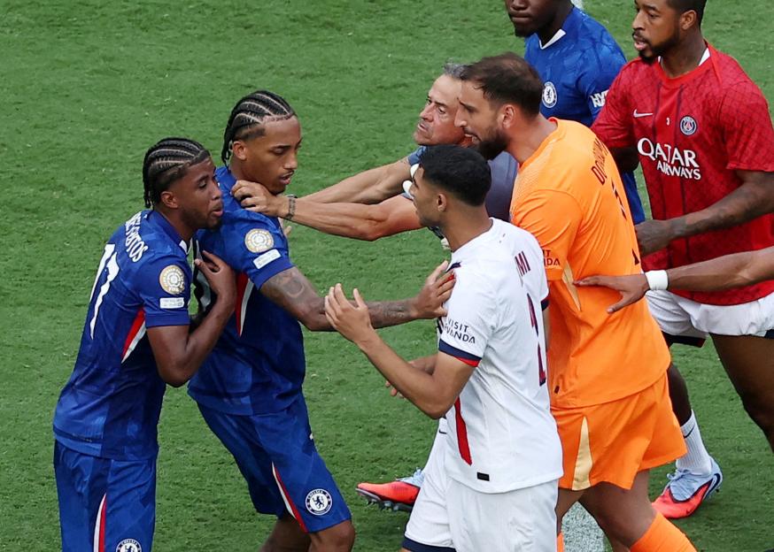 Chelsea's Andrey Santos and Joao Pedro in a post-match altercation with Paris St Germain players.