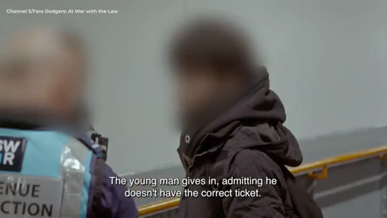 Screenshot of a young man admitting to not having the correct ticket during a Channel 5 documentary.