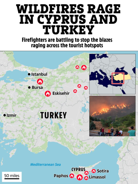 Map showing wildfires in Turkey and Cyprus.