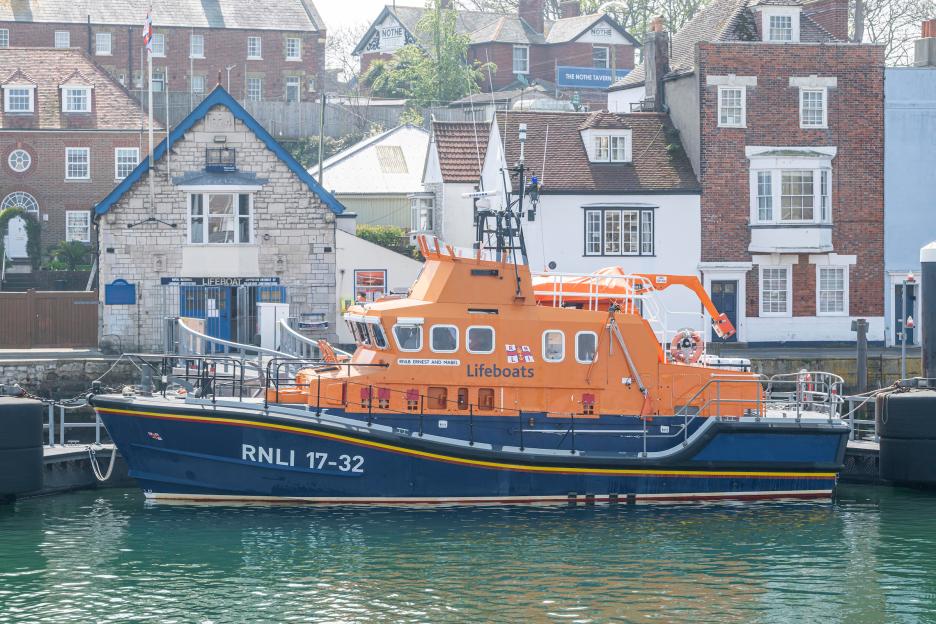 RNLI lifeboat in Weymouth harbor.