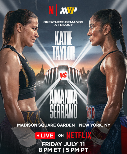 Katie Taylor vs. Amanda Serrano boxing match poster.