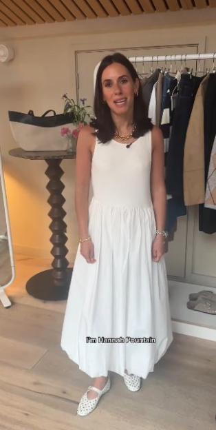 Woman in white dress and white shoes.