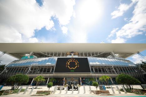 Hard Rock Stadium exterior with Club World Cup 25 FIFA display.