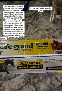 Image of a TikTok post showing boxes of Safe-Guard and Duramectin equine dewormers with text claiming they cure cancer.