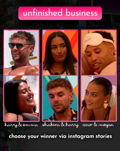 Collage of Love Island contestants: Harry & Emma, Shakira & Harry, and Conor & Megan. Vote for your winner via Instagram Stories.