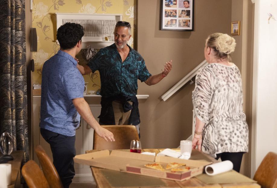 Aadi Alahan, Bernie Winter, and Dev Alahan in a scene from Coronation Street.