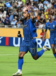 Al Hilal's Malcom celebrates scoring a goal.