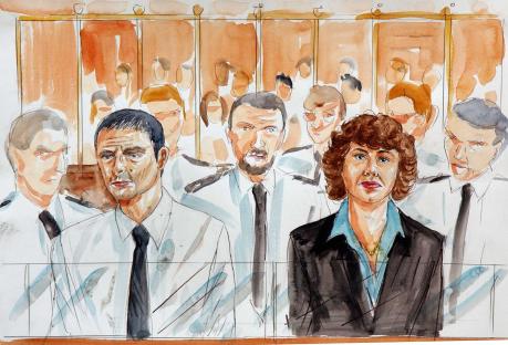 Illustration of Ian Huntley and Maxine Carr at their plea and directions hearing.