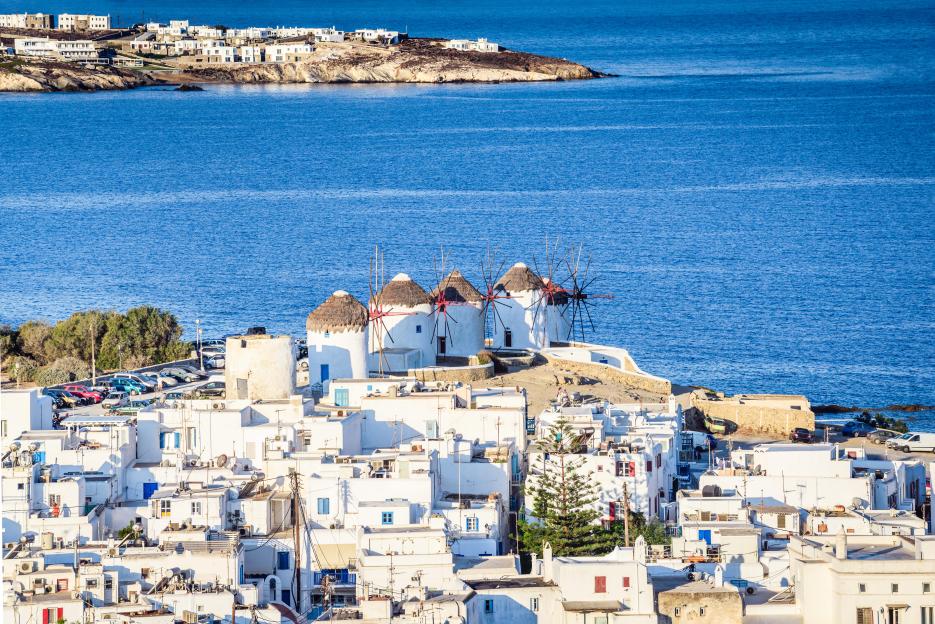 Mykonos windmills overlooking the Aegean Sea.