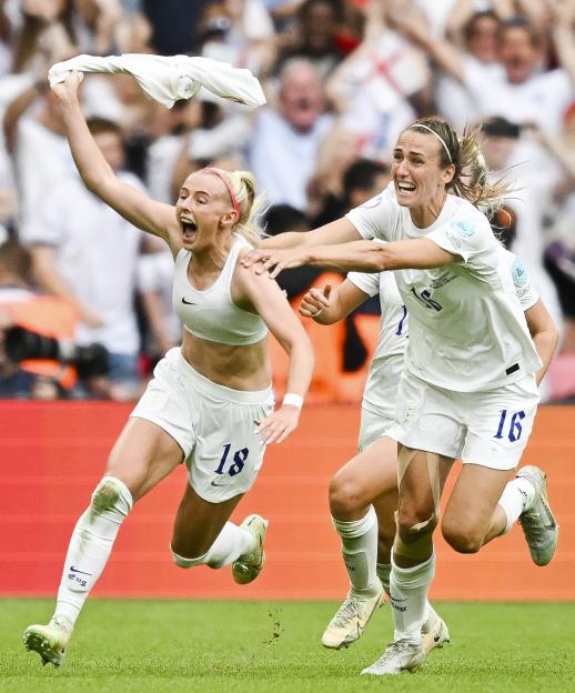Chloe Kelly of England scores a goal during the Women's Euro 2022 final.