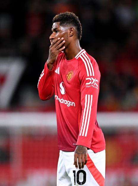 Marcus Rashford of Manchester United reacting during a game.