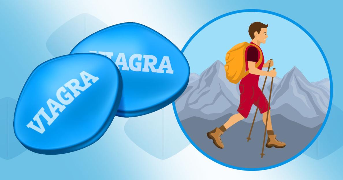 Illustration of Viagra pills and a hiker in the mountains.