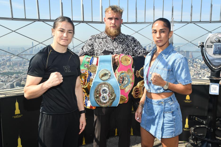 Katie Taylor, Jake Paul, and Amanda Serrano at a press conference atop the Empire State Building.