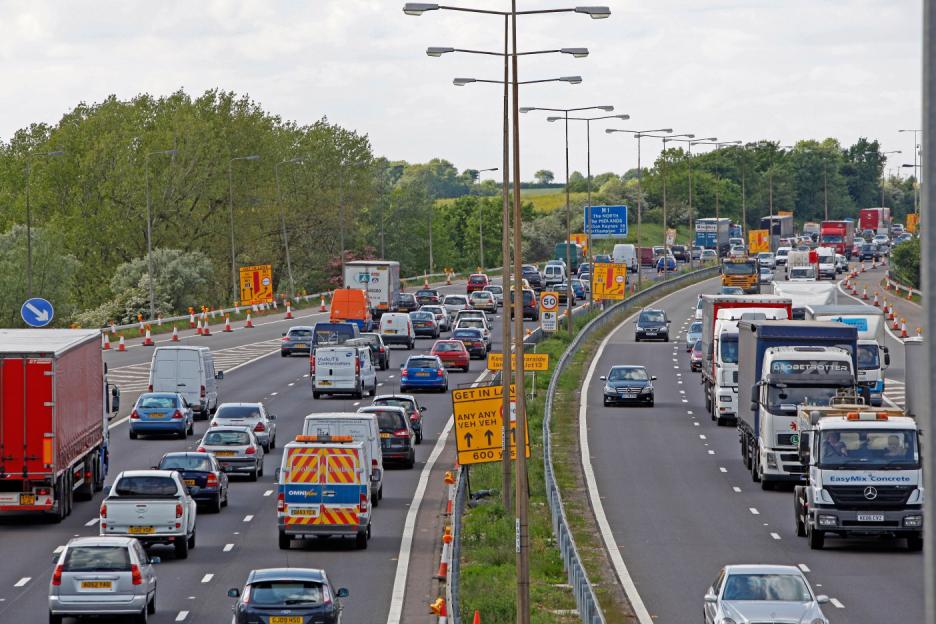 M1 motorway traffic jam near Milton Keynes due to roadworks.