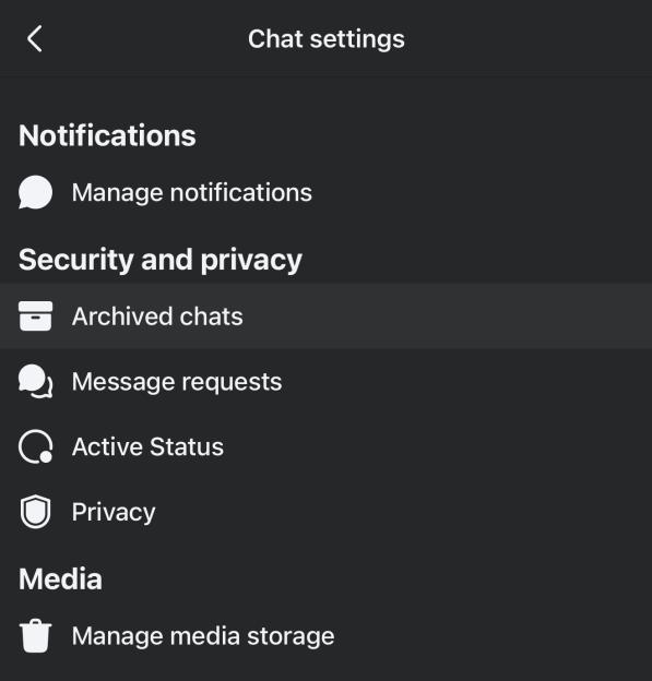 Chat settings menu showing notifications, security and privacy, and media options.