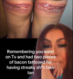 Woman's legs with bacon tattoos and a close-up of her face.