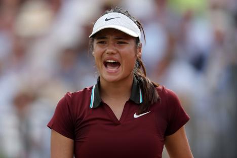 Emma Raducanu reacting during a tennis match.